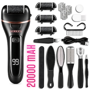 Set Pila Electrica Horigen® V-605 Pentru Talpi Si Calcaie, Afisaj LED, Acumulator 2000 mAh, 2 Viteze, 2000 rot/min, 3 Capete incluse, LED Lanterna, Accesorii Incluse, Negru