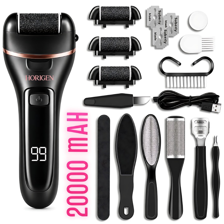 Set Pila Electrica Horigen® V-605 Pentru Talpi Si Calcaie, Afisaj LED, Acumulator 2000 mAh, 2 Viteze, 2000 rot/min, 3 Capete incluse, LED Lanterna, Accesorii Incluse, Negru