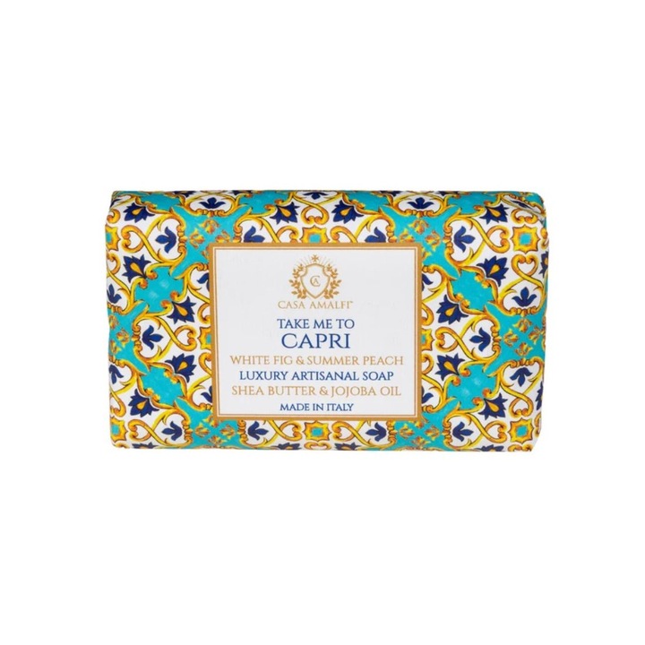Занаятчийски сапун Casa Amalfi, Take me to Capri, нотки на бели смокини и праскови, веган, масло от жожоба, масло от ший, деликатно почиства кожата, хидратиращ, дизайн на майолика, 150 g