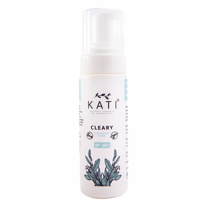 Spuma de curatare profesionala pentru ten gras, predispus la acnee, control sebum, fara Parfum, 100% Natural, BIO, Cleary 150 ml, KATI Naturals