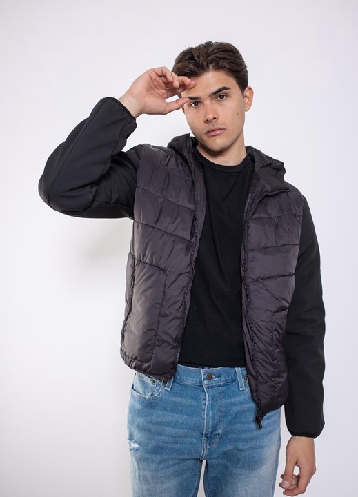 Geaca cu puf si fermoar Hybrid, Manager, Nylon, Negru