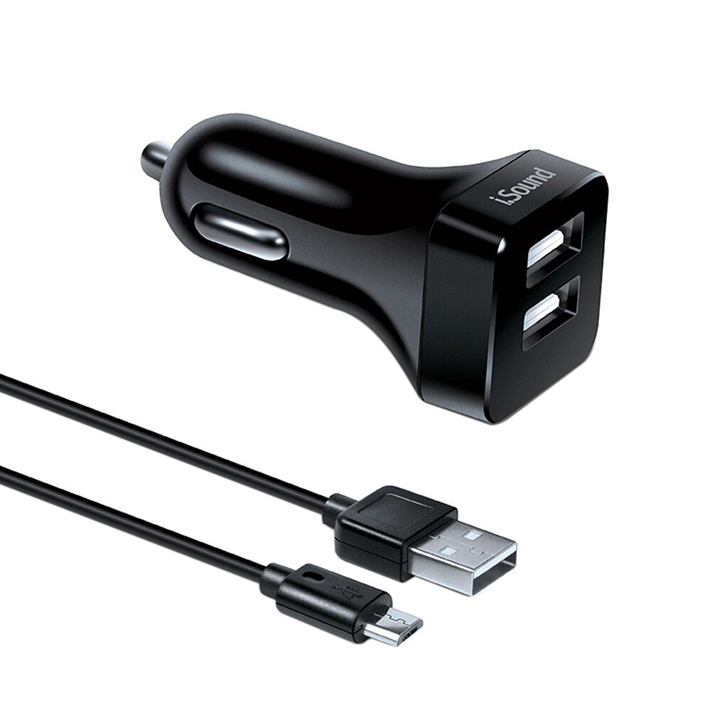 Incarcator auto + cablu microUSB iSound, 2xUSB, 2.4A, 1.2m, Negru