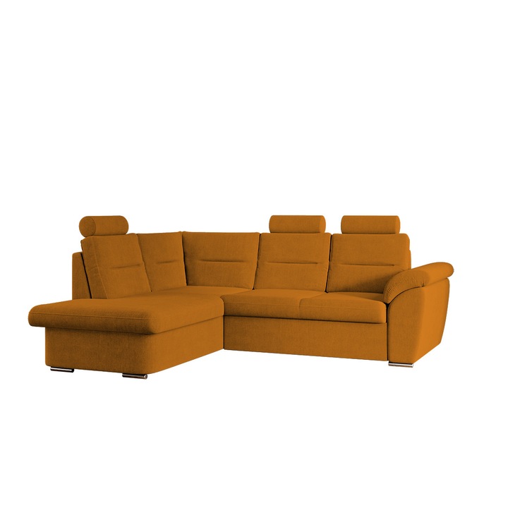 Coltar Biano, extensibil, cu lada depozitare, tetiere reglabile, stofa, 245 x 193 x 106 cm, Portocaliu