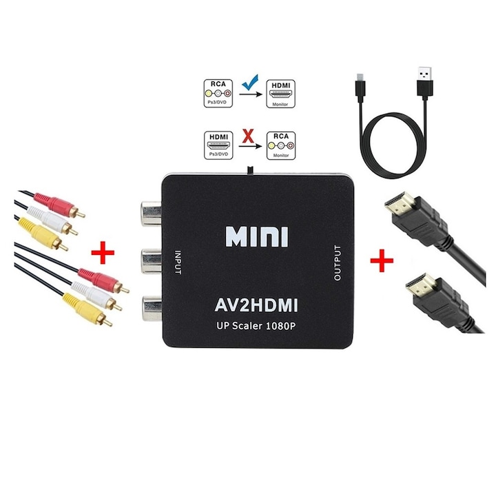 Аудио и видео конвертор RCA към HDMI, AV към HDMI, Преобразувател, Поддържа PAL/NTSC, 1080P+Кабел HDMI-HDMI+Кабел 3RCA-3RCA