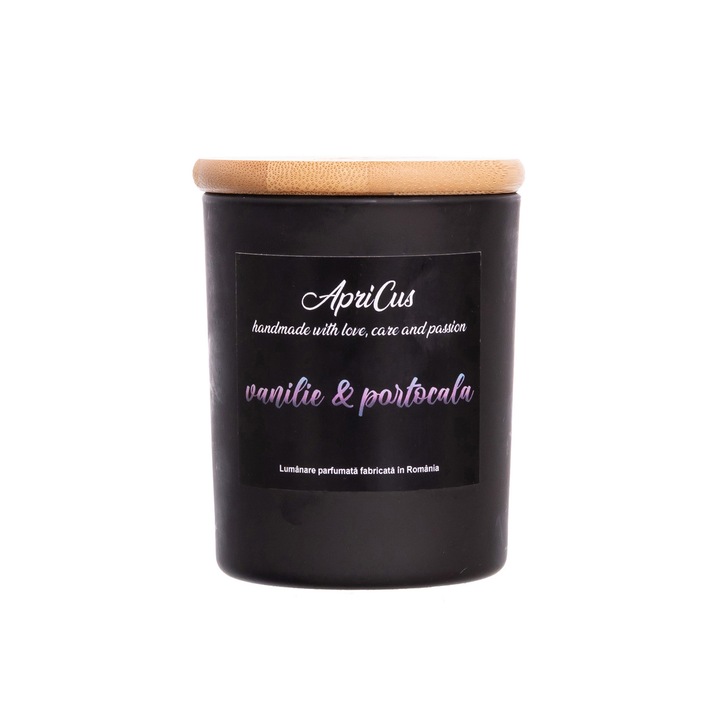 Lumanare parfumata din soia cu inimioare mov, Apricus - Vanilie, Portocale, ardere 25h, 160 g