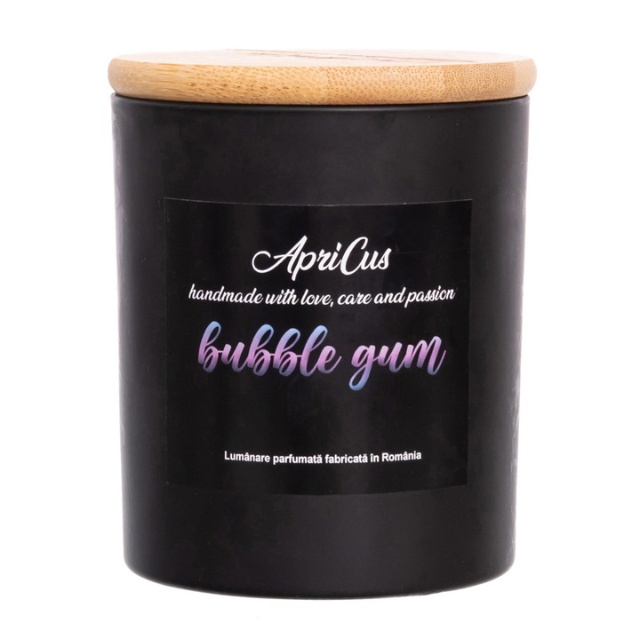 Lumanare parfumata din soia cu inimioare mov, Apricus - Bubble Gum, ardere 40h, 260 g
