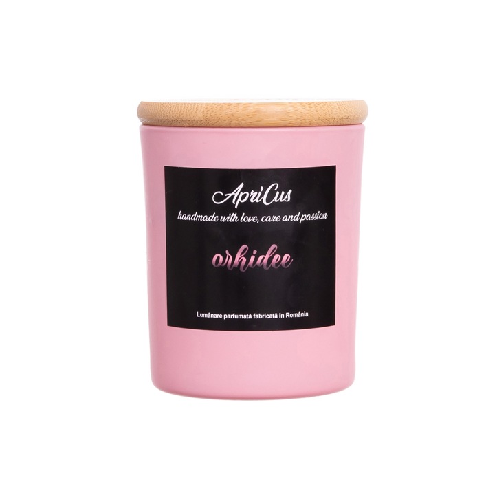 Lumanare parfumata din soia cu inimioare roz, Apricus - Orhidee, ardere 45h, 160 g