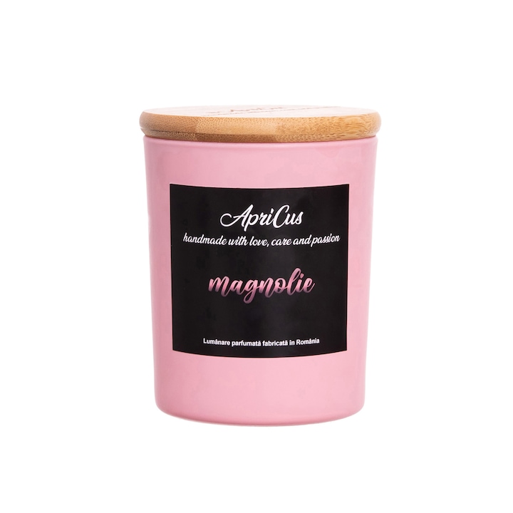 Lumanare parfumata din soia cu inimioare roz, Apricus - Magnolie, ardere 25h, 160 g