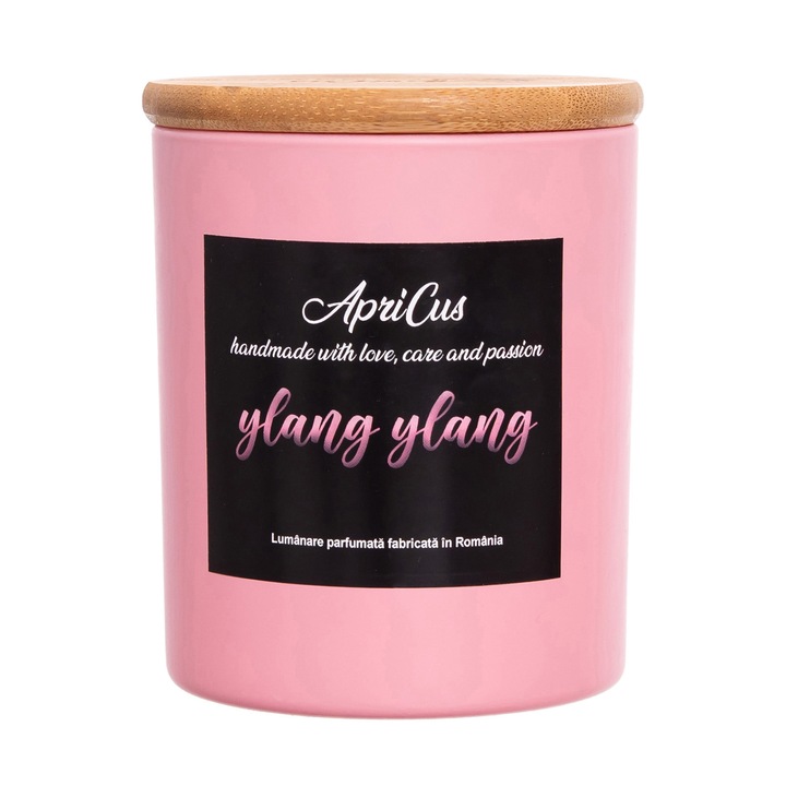 Lumanare parfumata din soia cu inimioare roz, Apricus - Ylang Ylang, ardere 25h, 160 g