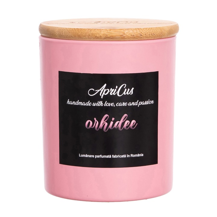 Lumanare parfumata din soia cu inimioare roz, Apricus - Orhidee ardere 40h, 260 g