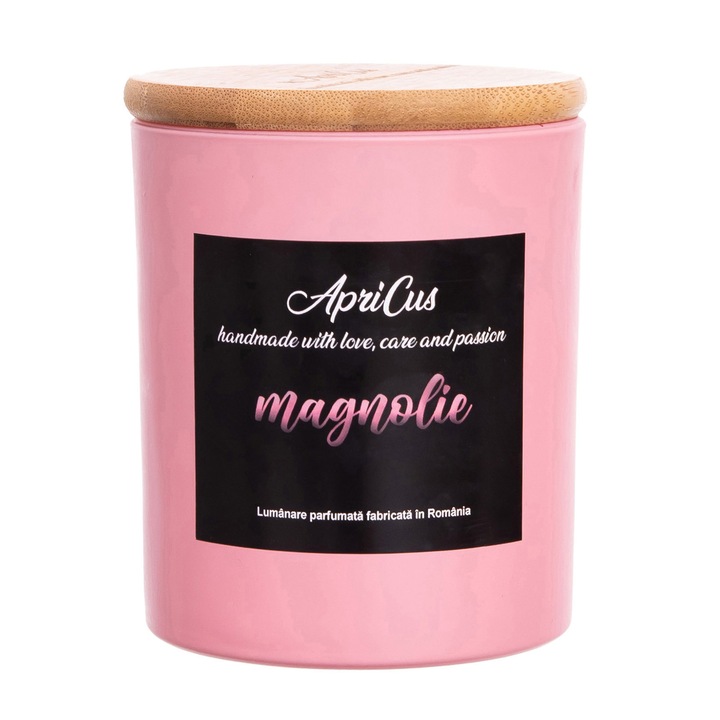 Lumanare parfumata din soia cu inimioare roz, Apricus - Magnolie ardere 40h, 260 g