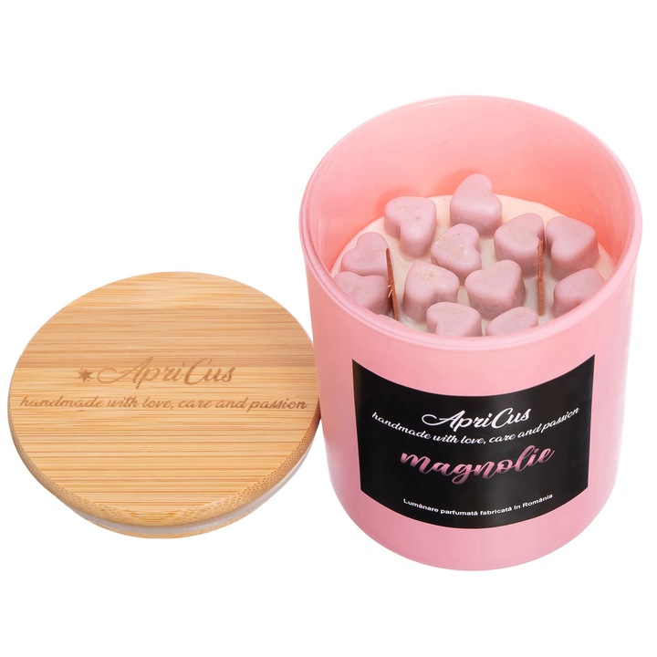 Lumanare parfumata din soia cu inimioare roz, Apricus - Magnolie ardere 40h, 260 g