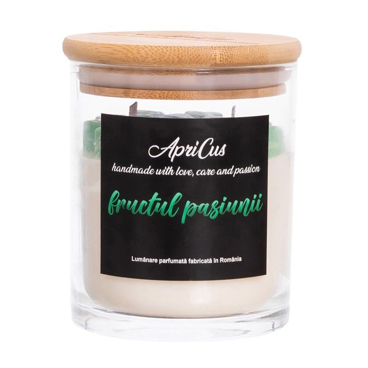 Lumanare parfumata din soia cu inimioare verzi, Apricus - Fructul Pasiunii, ardere 40h, 260 g