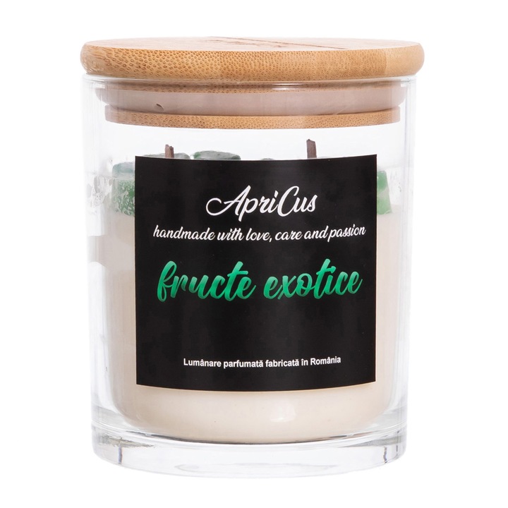 Lumanare parfumata din soia cu inimioare verzi, Apricus - Fructe Exotice, ardere 40h, 260 g