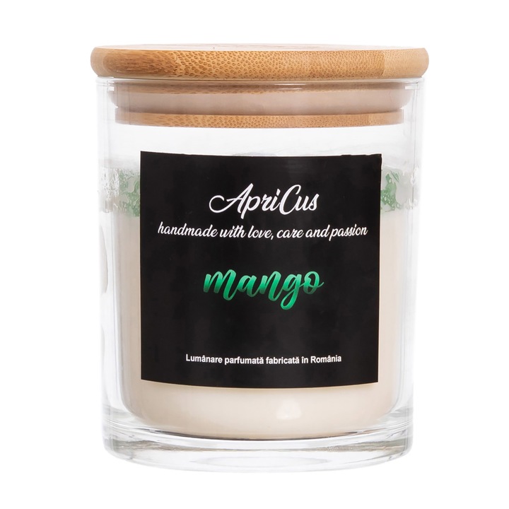 Lumanare parfumata din soia cu inimioare verzi, Apricus - Mango, ardere 40h, 260 g