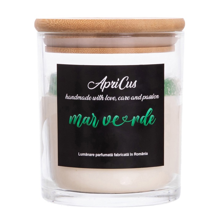 Lumanare parfumata din soia cu inimioare verzi, Apricus - Mar Verde, ardere 40h, 260 g