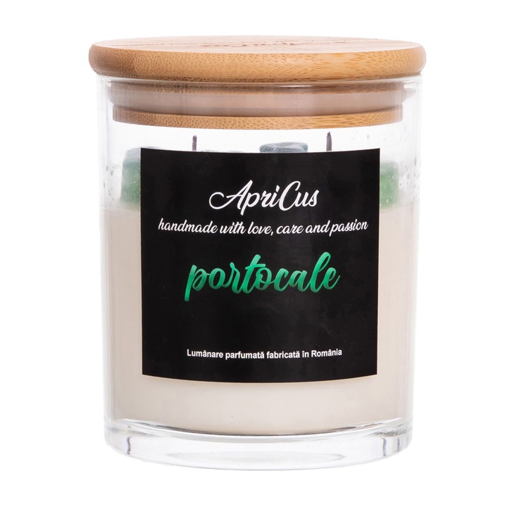 Lumanare parfumata din soia cu inimioare verzi, Apricus - Portocale, ardere 40h, 260 g
