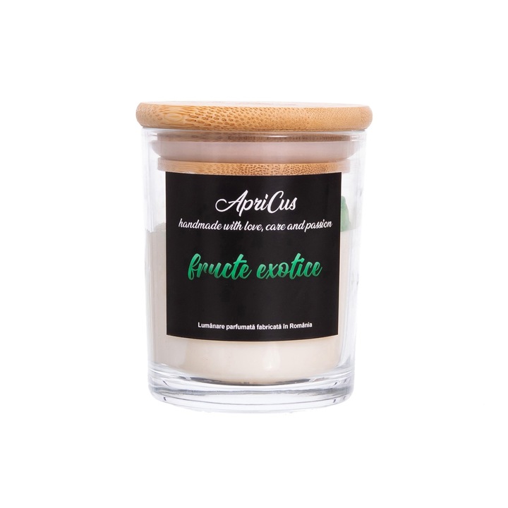 Lumanare parfumata din soia cu inimioare verzi, Apricus - Fructe Exotice, ardere 25h, 160 g