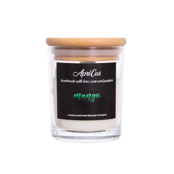 Lumanare parfumata din soia cu inimioare verzi, Apricus - Mango, ardere 25h, 160 g