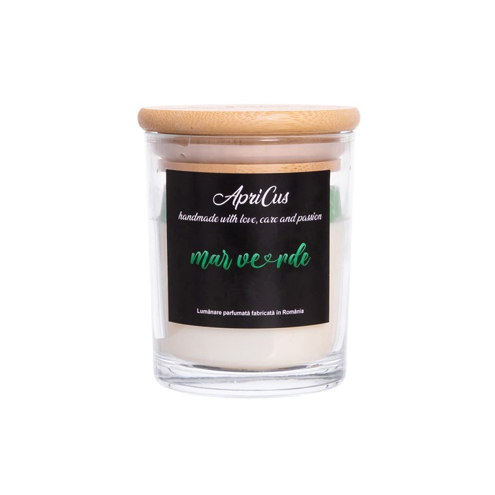 Lumanare parfumata din soia cu inimioare verzi, Apricus - Mar Verde, ardere 25h, 160 g