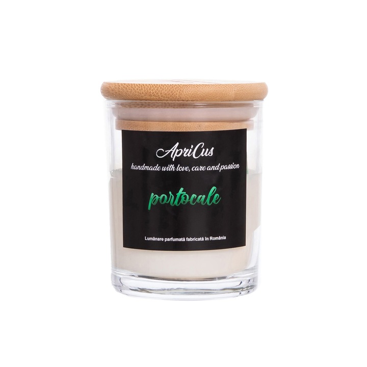 Lumanare parfumata din soia cu inimioare verzi, Apricus - Portocale, ardere 25h, 160 g