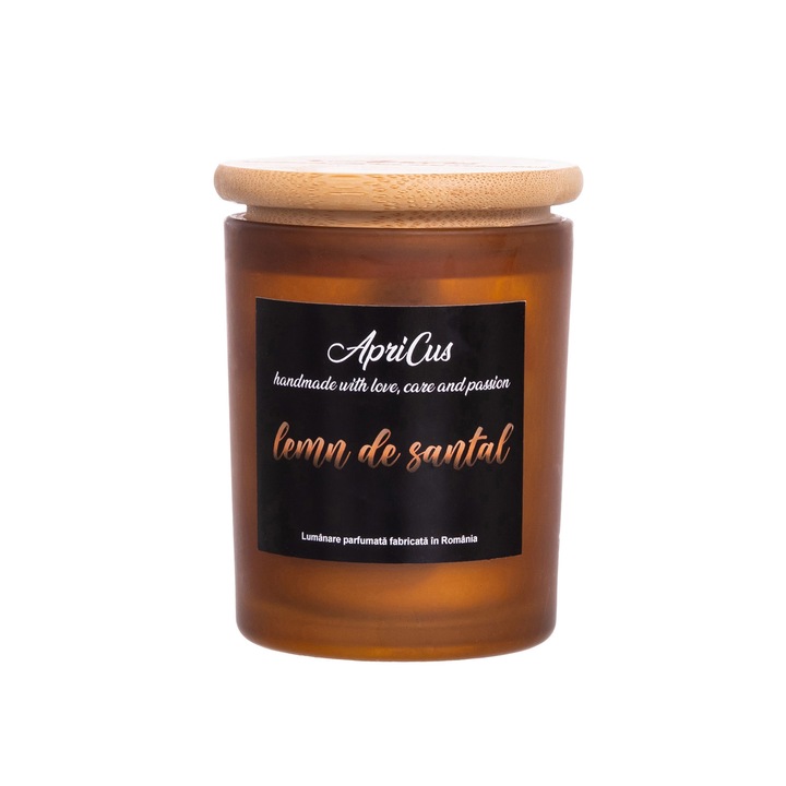 Lumanare parfumata din soia cu inimioare maro, Apricus - Lemn de Santal ardere 25h, 160 g