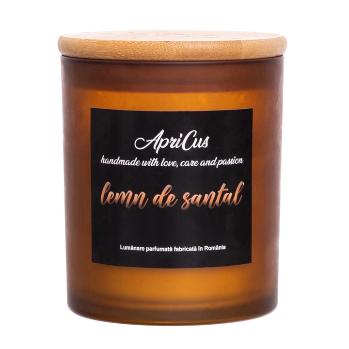 Lumanare parfumata din soia cu inimioare maro, Apricus - Lemn de Santal, ardere 40h, 260 g