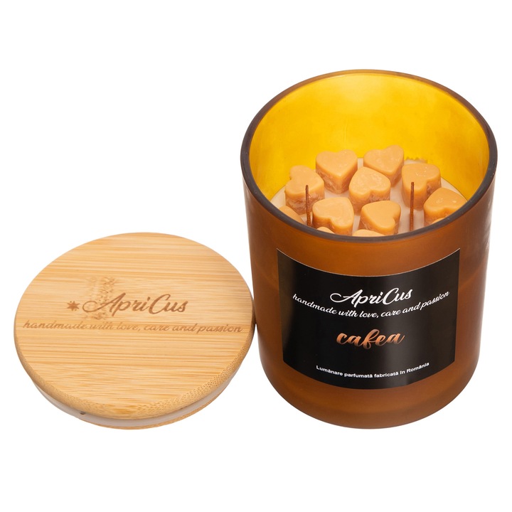 Lumanare parfumata din soia cu inimioare maro, Apricus - Cafea, ardere 40h, 260 g