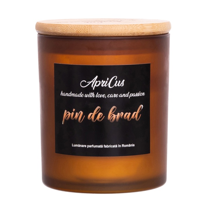 Lumanare parfumata din soia cu inimioare maro, Apricus - Pin de Brad, ardere 40h, 260 g