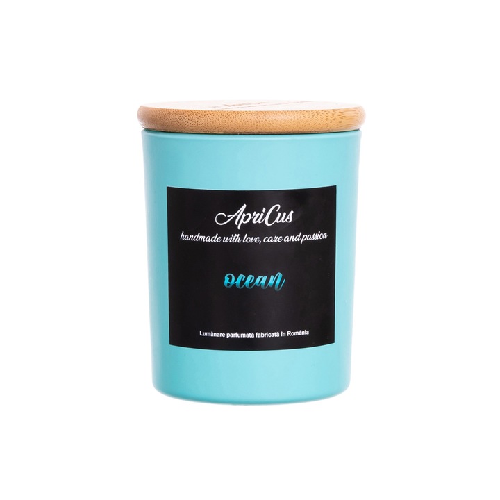 Lumanare parfumata din soia cu inimioare turcoaz, Apricus - Ocean ardere 25h, 160 g