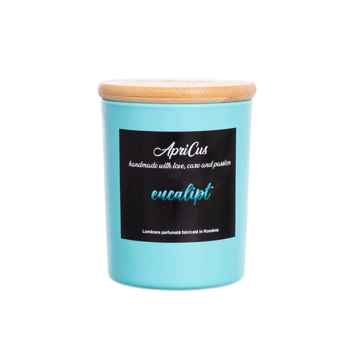 Lumanare parfumata din soia cu inimioare turcoaz, Apricus - Eucalipt ardere 25h, 160 g