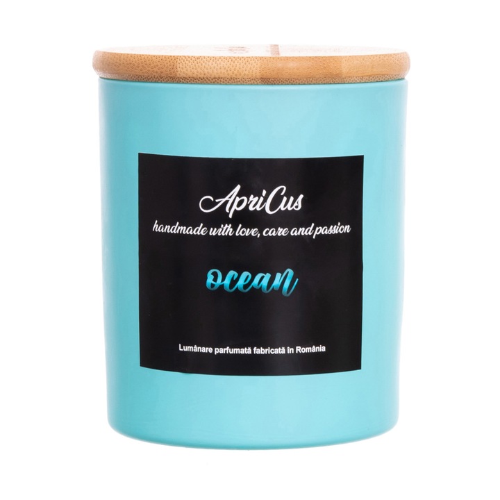 Lumanare parfumata din soia cu inimioare turcoaz, Apricus - Ocean, ardere 40h, 260 g