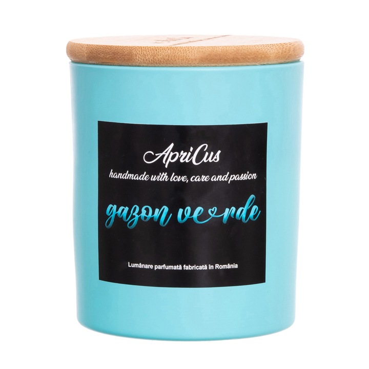 Lumanare parfumata din soia cu inimioare turcoaz, Apricus - Gazon verde, ardere 40h, 260 g