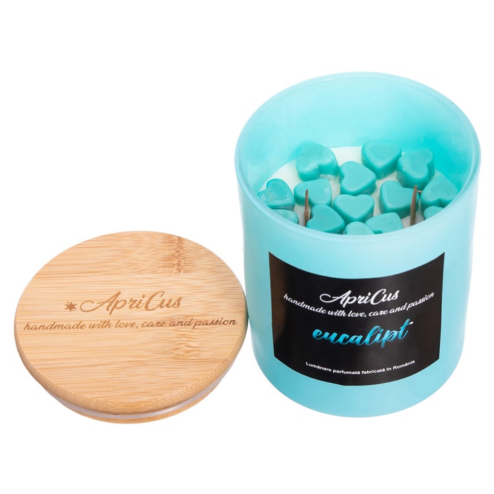 Lumanare parfumata din soia cu inimioare turcoaz, Apricus - Eucalipt, ardere 40 h, 260 g