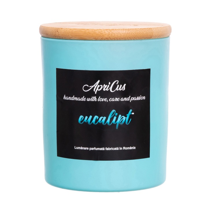 Lumanare parfumata din soia cu inimioare turcoaz, Apricus - Eucalipt, ardere 40 h, 260 g
