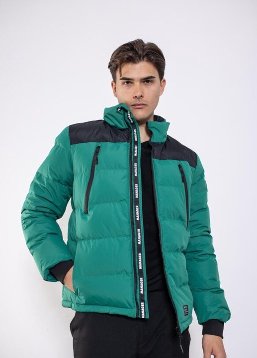 Geaca scurta cu puf bicolora Rubio, Manager, Poliester, Verde/Negru