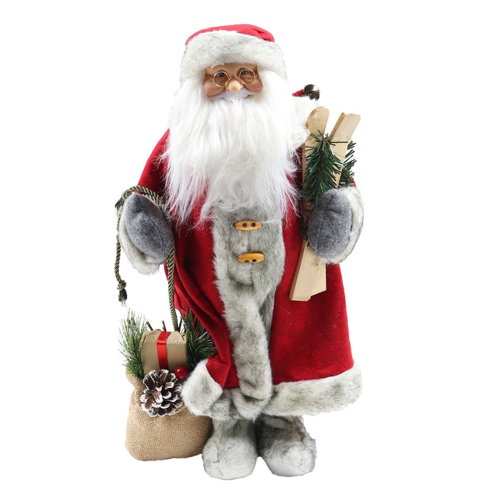 Figurina Mos Craciun Magic, culoare rosu / alb, inaltime 46 cm, cu accesorii schiuri