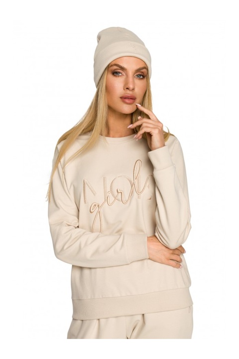 Beanie dama cu broderie. MOE. Bumbac/Elastan. Crem. Marime Universala