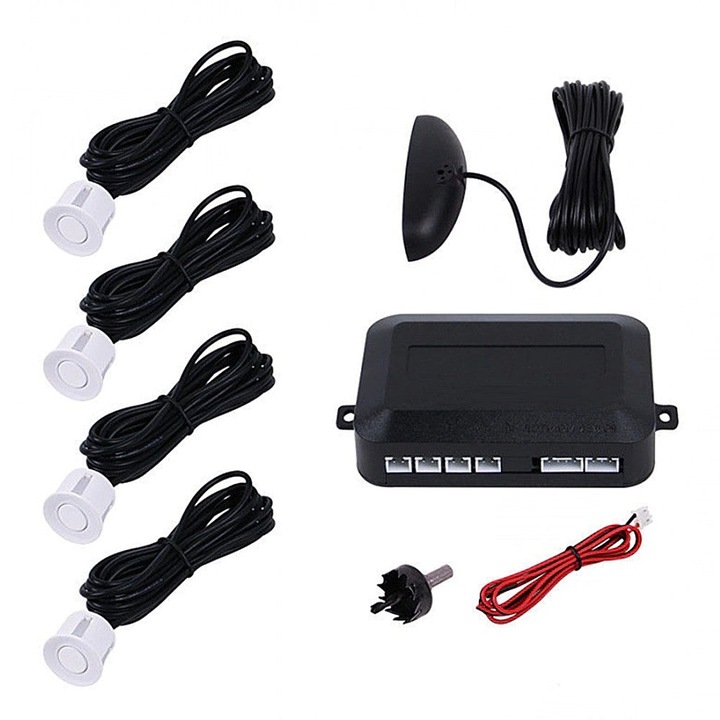 Senzori de Parcare Auto EDAR cu 4 Receptori, Display LED, Avertizare Sonora, Luminoasa, Metrica, Alb