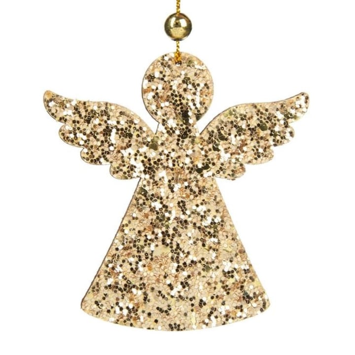 Decoratiune de Craciun pentru brad, model inger, din lemn cu glitter, 7,5x8 cm, M Deco