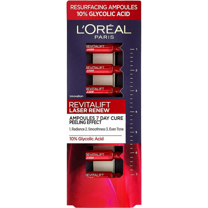Ампулна терапия L'Oreal Paris, Revitalift, Laser Renew, 10% гликолова киселина, 7 x 1 мл