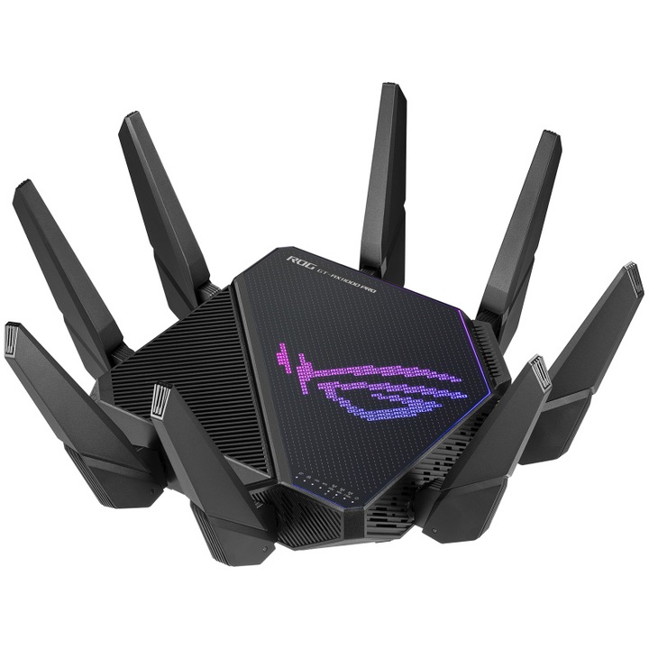 Router Gaming Wireless ASUS ROG Rapture GT-AX11000 Pro, AX11000, Tri-Band, Quad-Core 2.0GHz CPU, 256MB/1GB Flash/RAM, 10G port, AiProtection Pro, Adaptive QoS, VPN Fusion, IPTV, OFDMA, MU-MIMO, Beamforming, Link Aggregation, Port forwarding, AiMesh