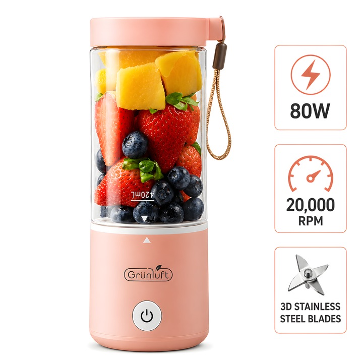Mini Blender Electric, Grunluft® Easy Mix, 80W, 20.000 RPM, portabil, multifunctional, Auto-curatare, Autonomie Mare, Capacitate 420ml, 6 Lame 3D, acumulator 4000 mAH, roz