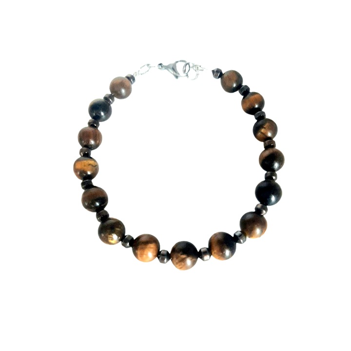Bratara barbati din pietre naturale pentru protectie, ochi de tigru si hematite, cadouri pentru Sarbatori, 20cm
