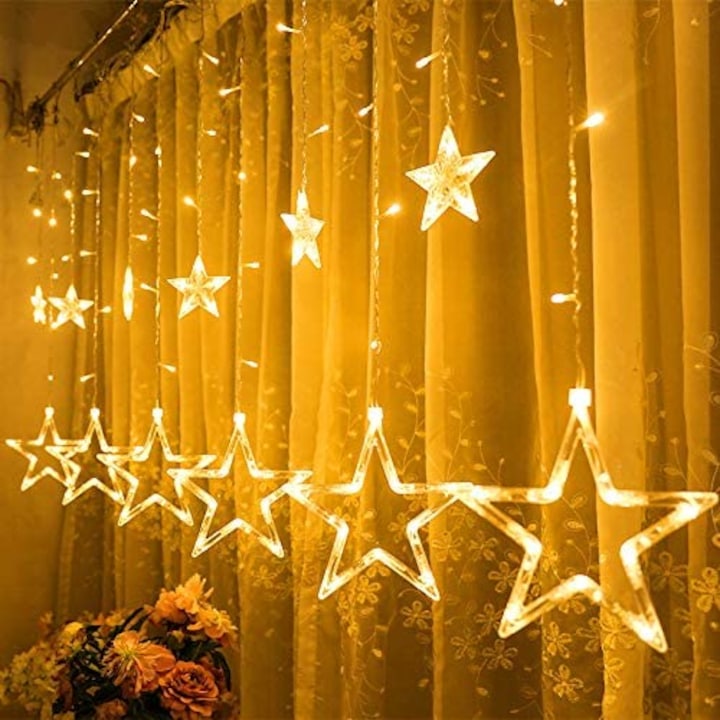 Коледна инсталация, Лека дъждовна завеса, 12 звезди, Свързваща се, Топло бяло, 220 см