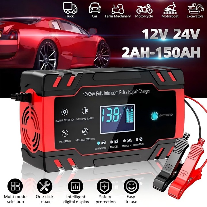 Starter auto multifunctional, Excitat®, Incarcare rapida, Power bank auto, 12V/8A, 24V/4A, Display digital, Rosu/Negru
