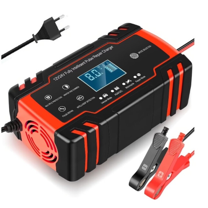 Excitat Autós akkumulátortöltő, 12/24V, LCD, Piros