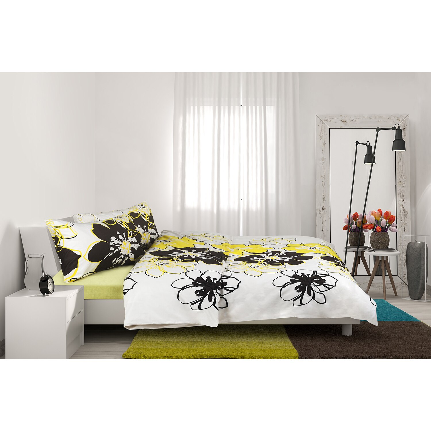 Heinner Home, Lenjerie de pat din bumbac, cu model floral, pentru 2 persoane - 3 piese, Alb/Galben