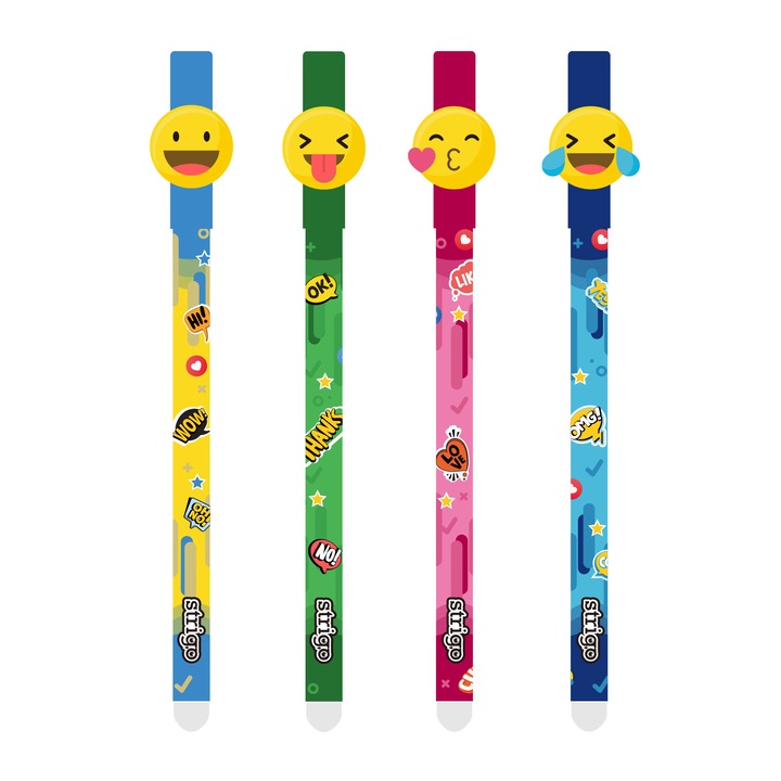 Set 4 pixuri, Strigo, Emoticons, cu cerneala albastra cu stergere, grosime varf 0.5mm