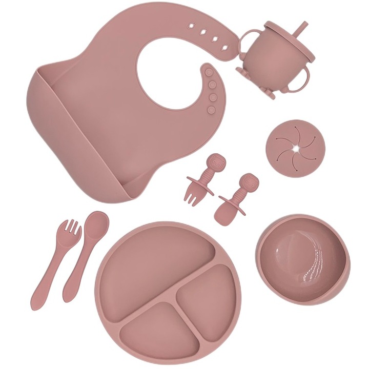 Силиконов комплект за хранене на бебета, Zenai®, 8 части, разнообразяване на храната, чанта за носене, без алергени, прасковена роза